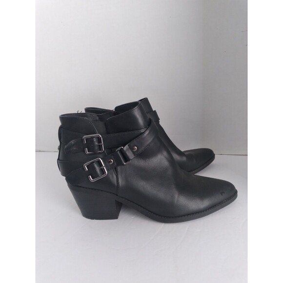 Buckle‎ Ankle Boots Stacked Heel Pointed Toe Black Booties - Picture 2 of 5